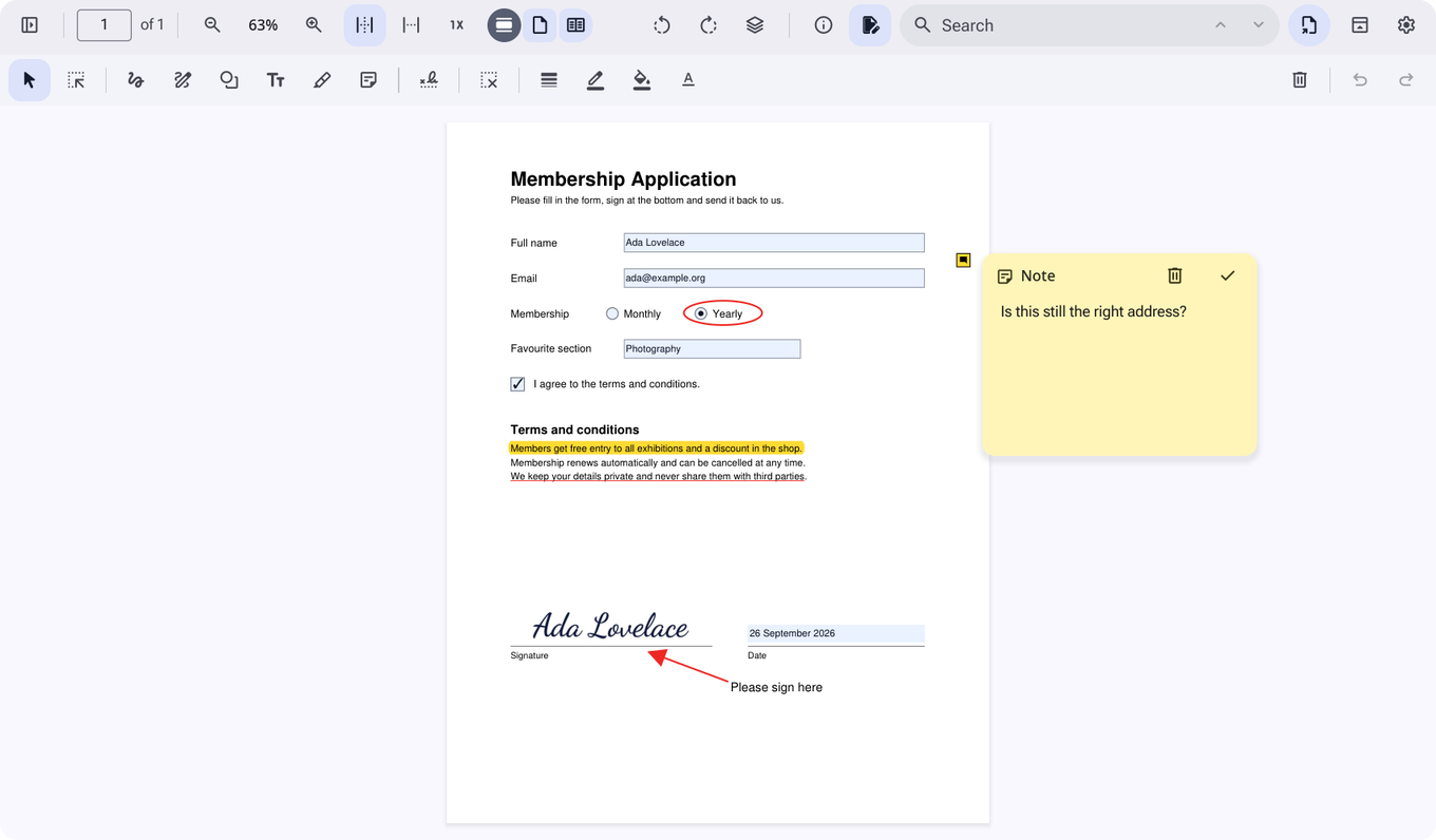 A form filled in, marked up with a highlight, shapes, a text box and a note, and signed