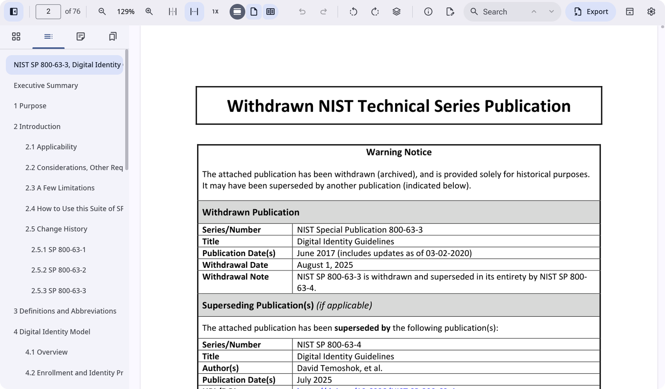 A PDF with its table of contents in the sidebar